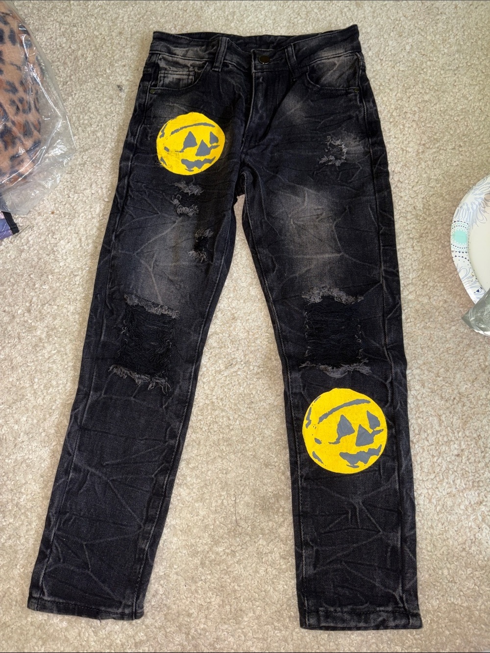 Kids Black Distressed Jeans with Yellow Pumpkin Graphic